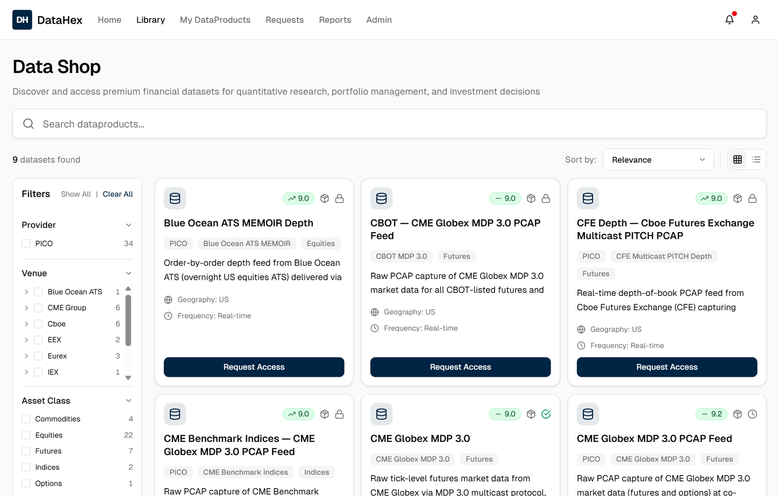 DataHex Data Shop storefront: a branded data catalog with search, filters and data product cards