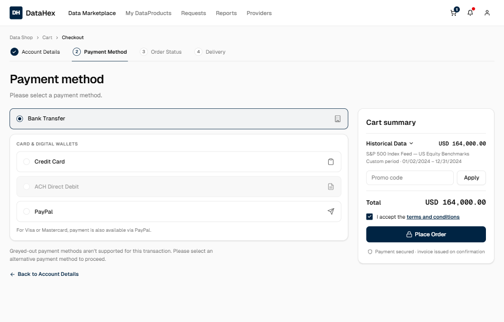 DataHex Data Shop checkout, with payment methods and cart summary