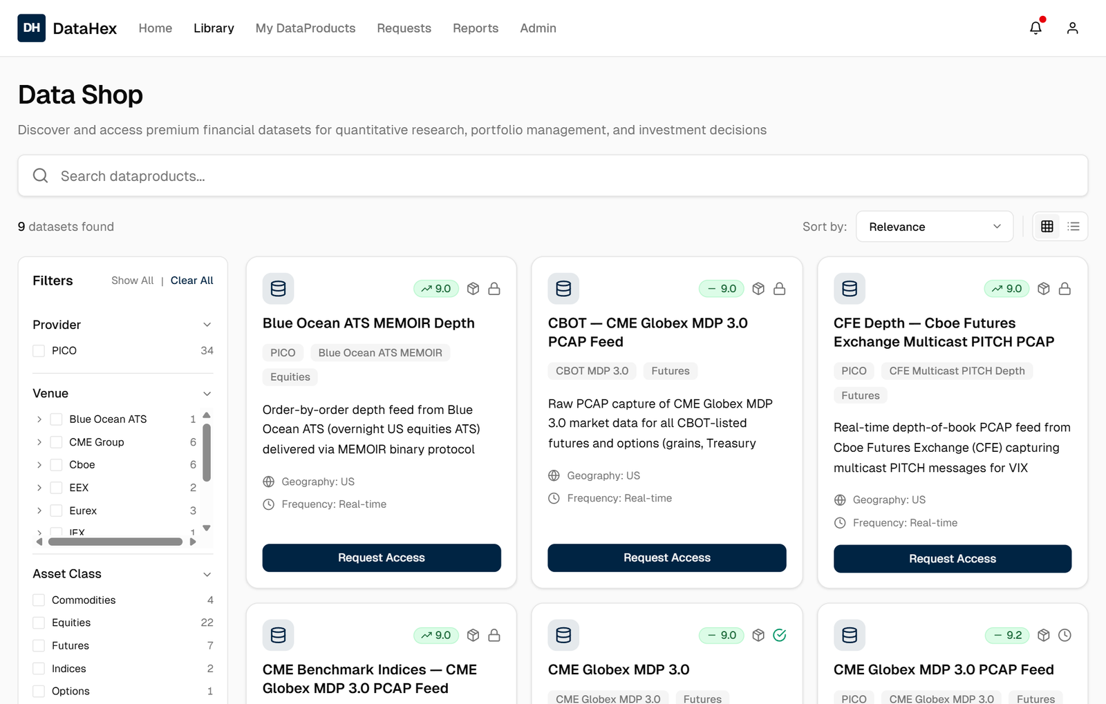 DataHex Data Shop catalog, showing the searchable data product grid with category and asset-class filters