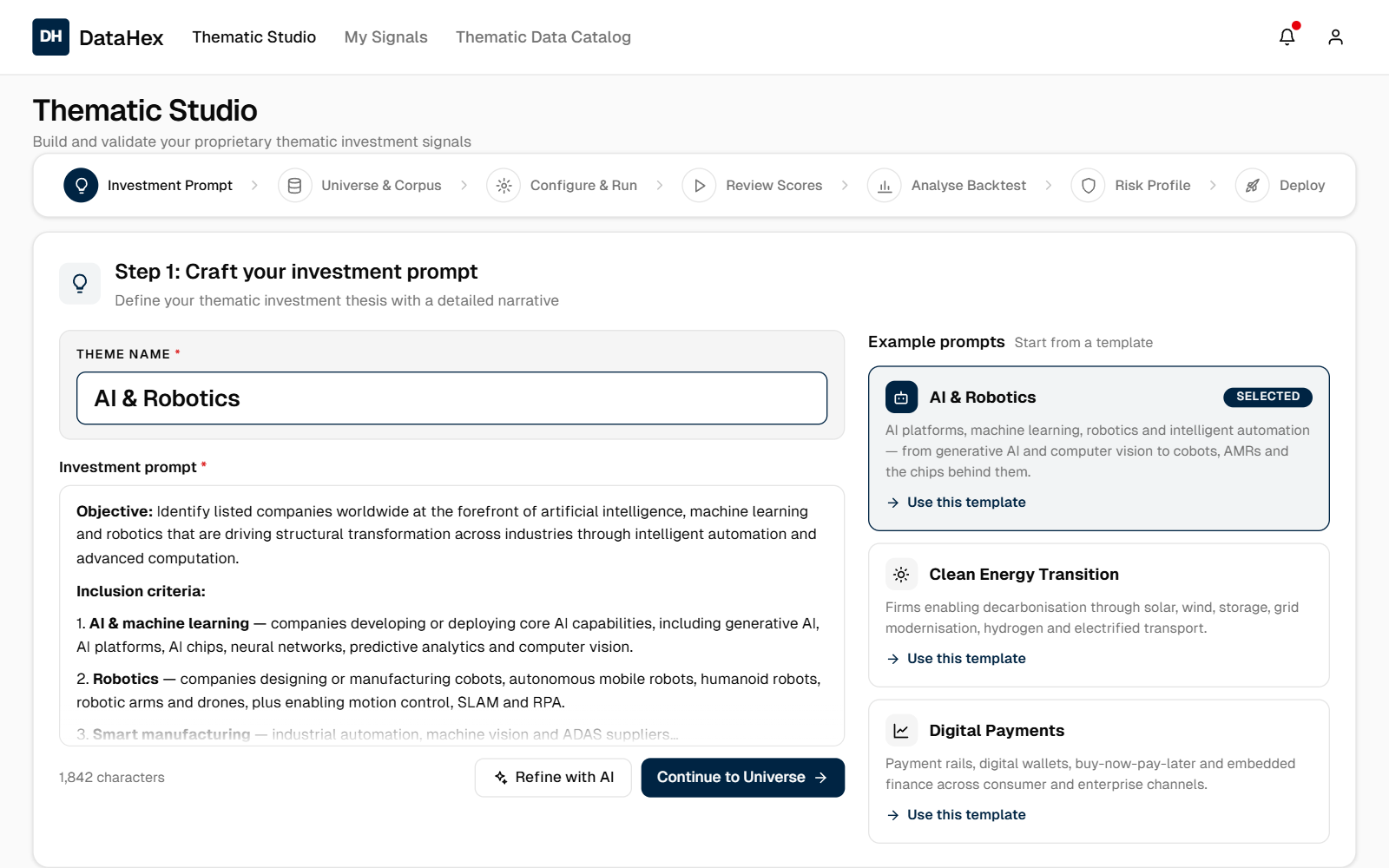 Thematic Studio Step 1: crafting an AI and Robotics investment prompt, with theme name, inclusion criteria and example templates